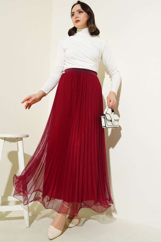 Jupe en tulle plissée à volants et taille élastiquée, couleur bordeaux