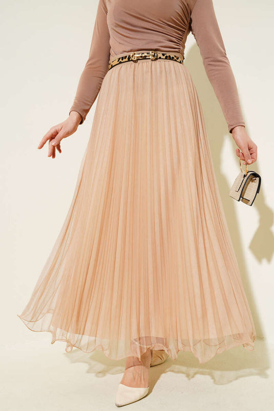 Bel Lastikli Pileli Fırfırlı Tül Etek Büsküvi