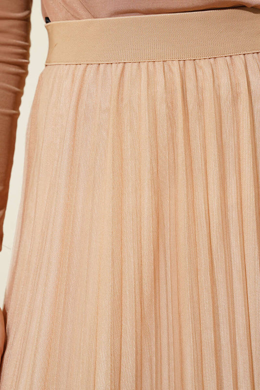 Bel Lastikli Pileli Fırfırlı Tül Etek Büsküvi