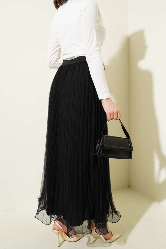 Jupe en tulle plissée à volants et taille élastique noire