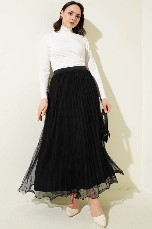 Jupe en tulle plissée à volants et taille élastique noire