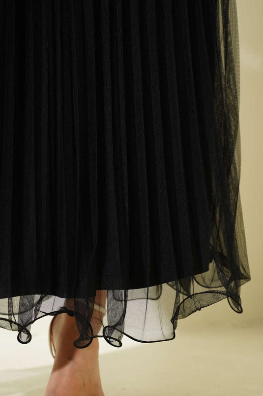 Bel Lastikli Pileli Fırfırlı Tül Etek Siyah