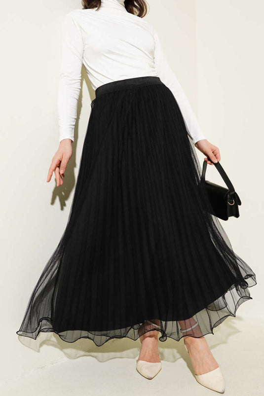 Bel Lastikli Pileli Fırfırlı Tül Etek Siyah