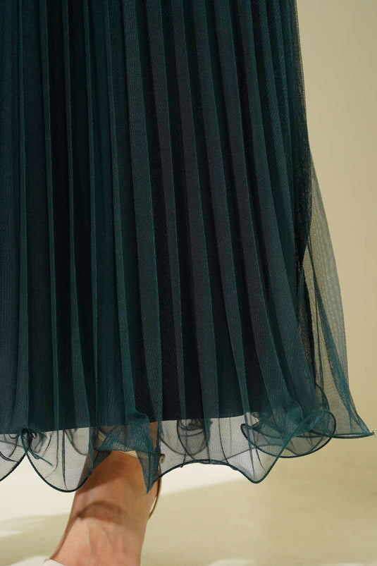 Bel Lastikli Pileli Fırfırlı Tül Etek Zümrüt