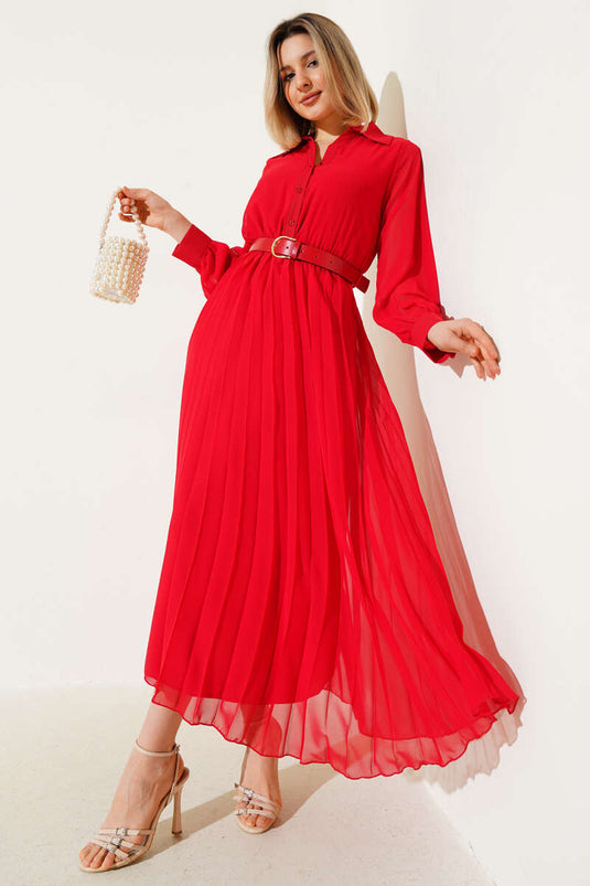 Elastic Waist Pleated Belted Chiffon Dress Red
