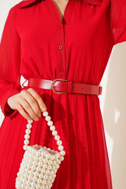 Elastic Waist Pleated Belted Chiffon Dress Red