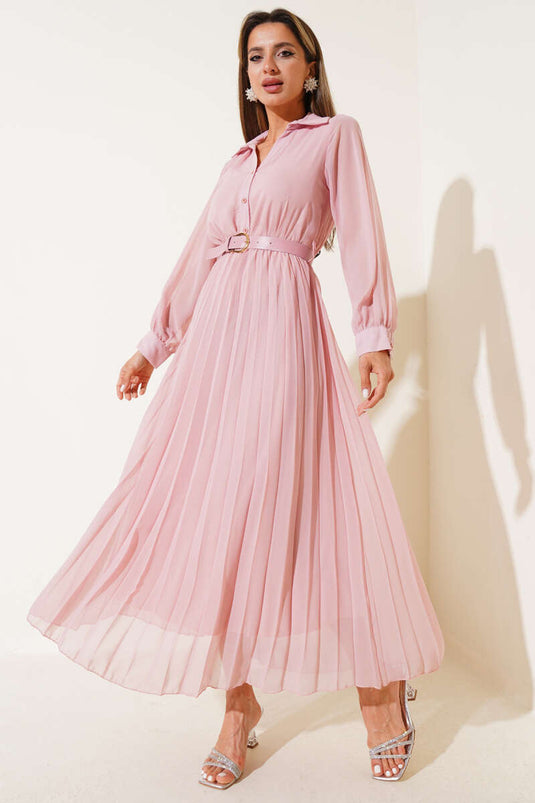 Bel Lastikli Pileli Kemerli Şifon Elbise Pudra