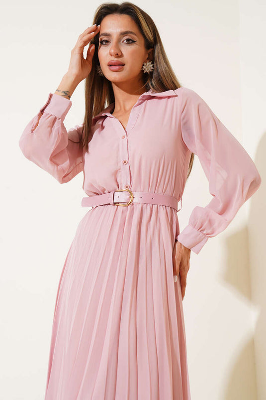 Bel Lastikli Pileli Kemerli Şifon Elbise Pudra
