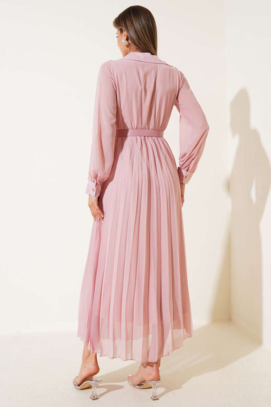 Bel Lastikli Pileli Kemerli Şifon Elbise Pudra