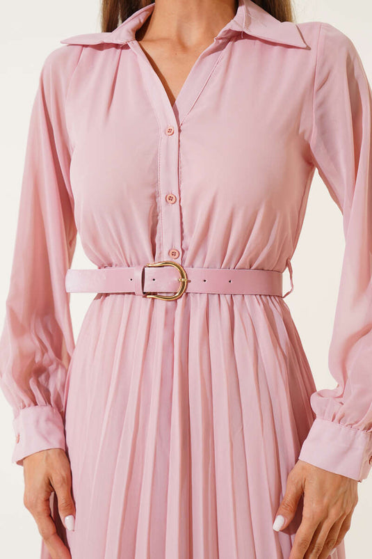 Bel Lastikli Pileli Kemerli Şifon Elbise Pudra