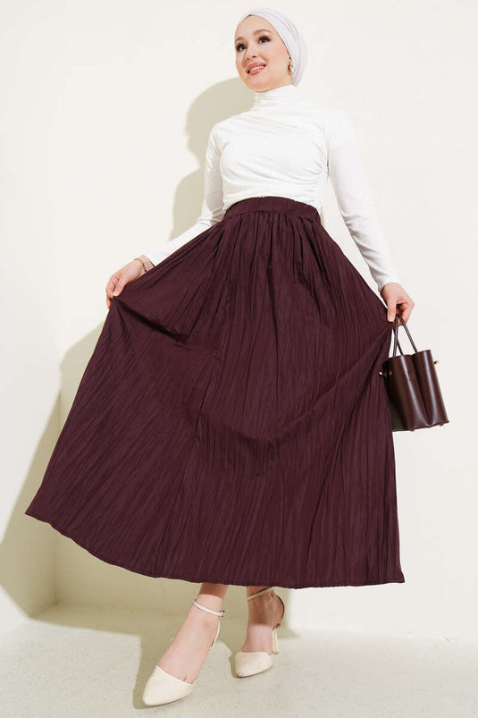 Elastic Waist Pleated Crinkle Skirt Bitter Brown