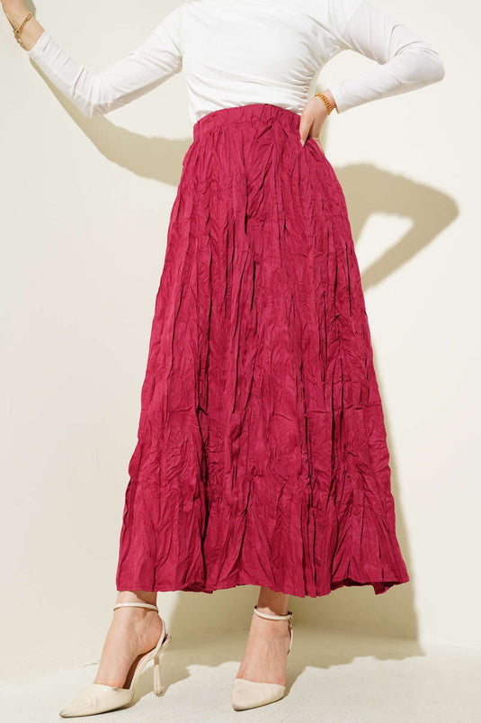 Elastic Waist Pleated Crinkle Skirt Claret Red