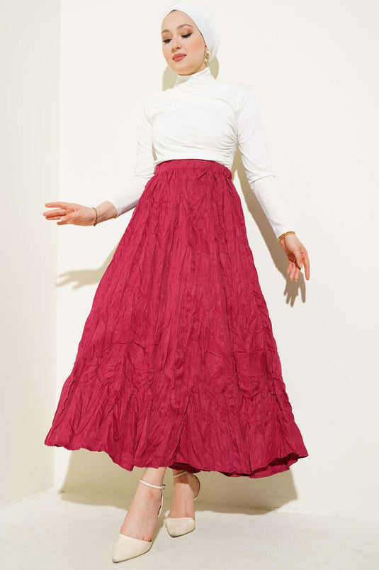 Elastic Waist Pleated Crinkle Skirt Claret Red