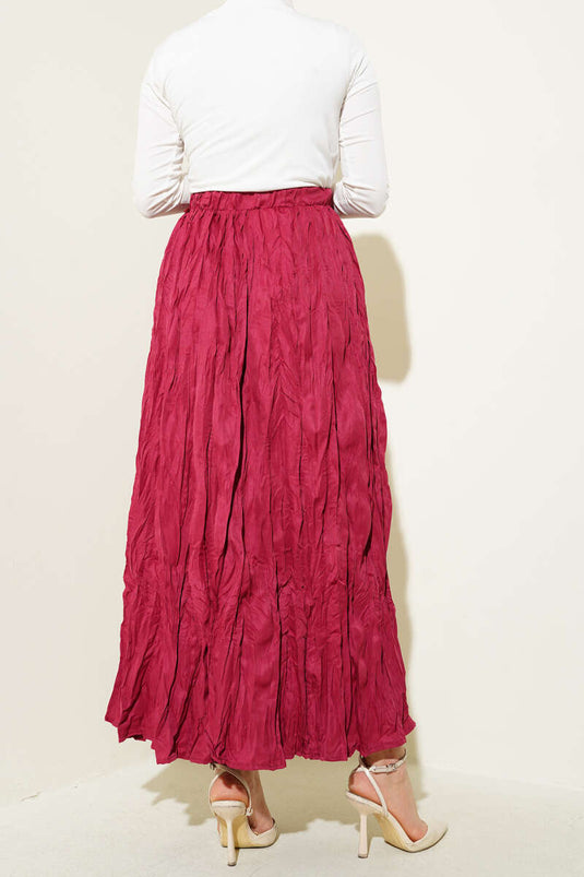 Elastic Waist Pleated Crinkle Skirt Claret Red