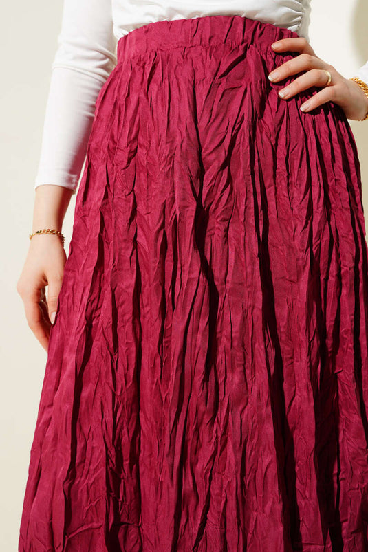 Elastic Waist Pleated Crinkle Skirt Claret Red