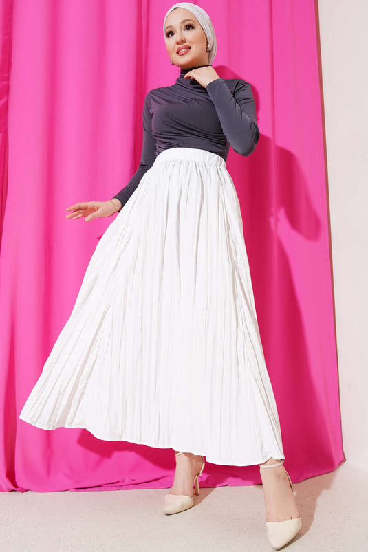 Elastic Waist Pleated Crinkle Skirt Ecru