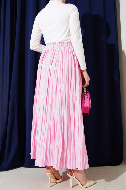 Elastic Waist Pleated Crinkle Skirt Pink