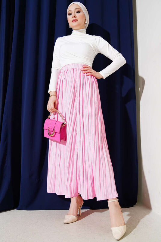 Elastic Waist Pleated Crinkle Skirt Pink