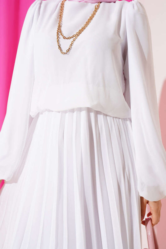 Bel Lastikli Pileli Şifon Elbise Beyaz