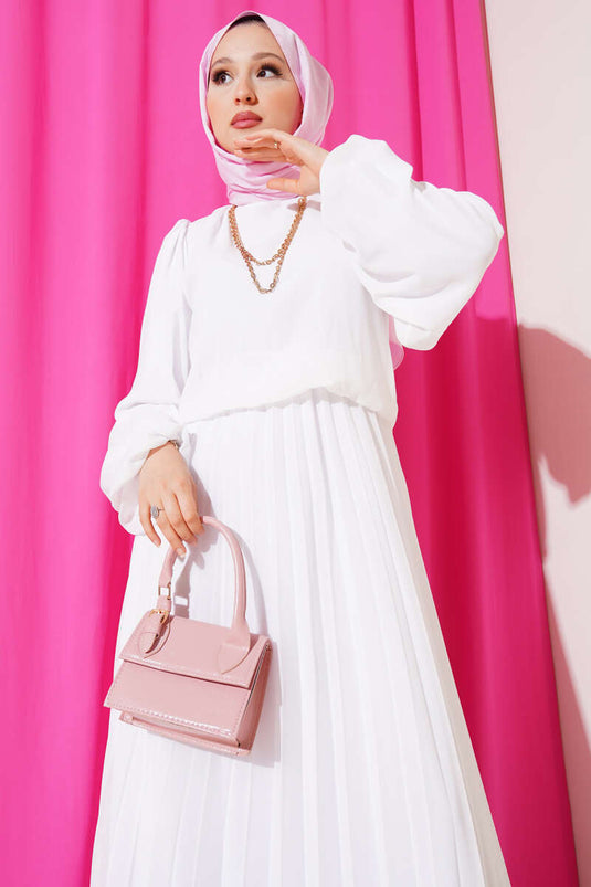 Bel Lastikli Pileli Şifon Elbise Beyaz