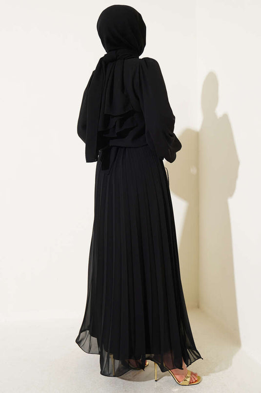 Bel Lastikli Pileli Şifon Elbise Siyah