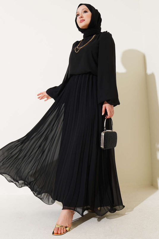 Bel Lastikli Pileli Şifon Elbise Siyah