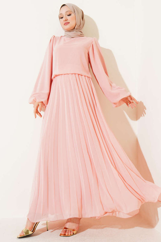 Bel Lastikli Pileli Şifon Elbise Somon