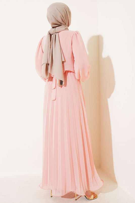 Bel Lastikli Pileli Şifon Elbise Somon