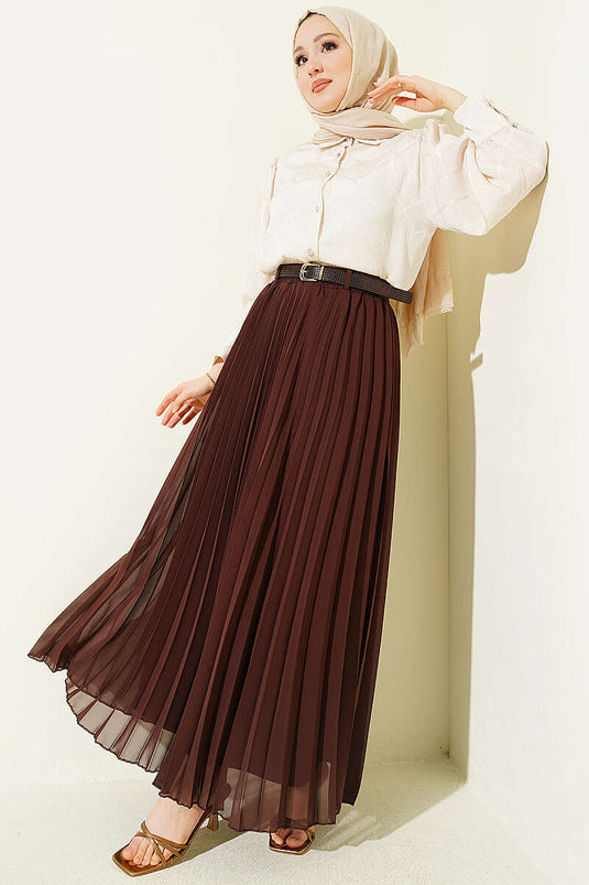 Belted Pleated Chiffon Skirt Dark Brown