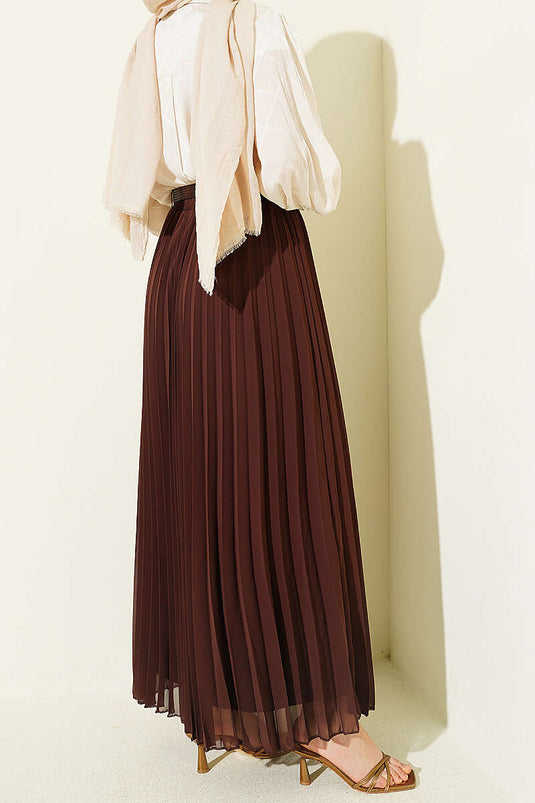 Belted Pleated Chiffon Skirt Dark Brown