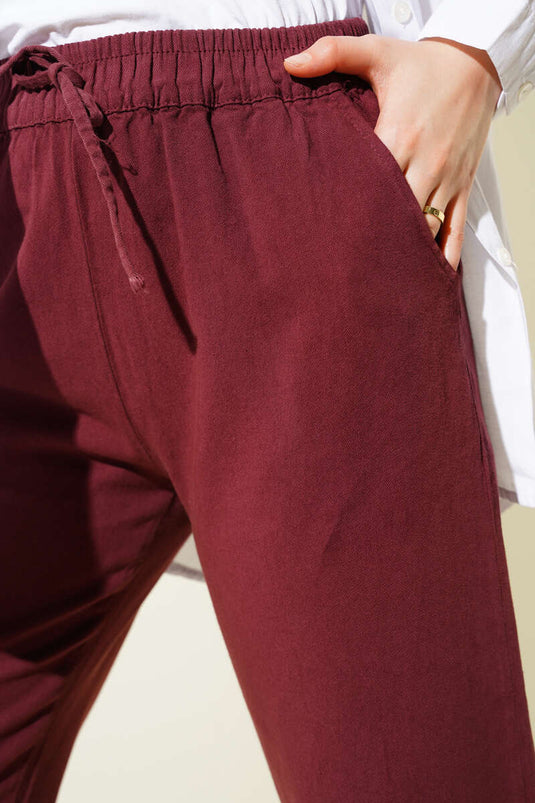Elastic Waist Tassel Leg Gabardine Trousers Burgundy