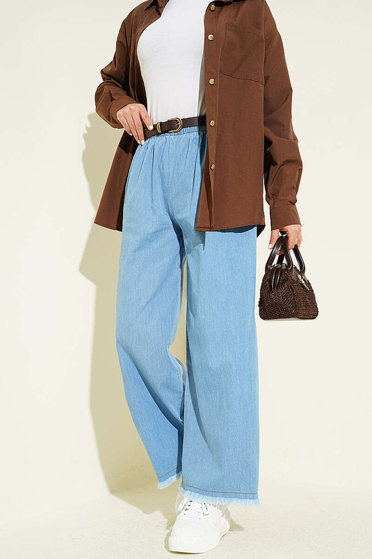 Jean à bas resserré avec pompons et taille élastique, bleu jean