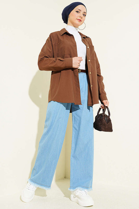 Jean à bas resserré avec pompons et taille élastique, bleu jean