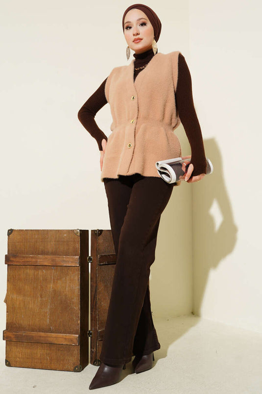 Gilet en tricot à barbe avec ceinture élastique Camel