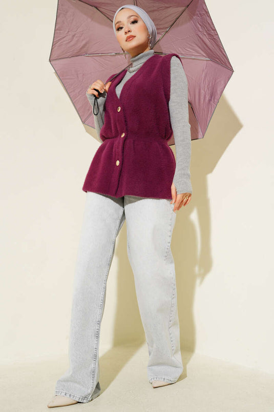 Gilet en tricot à barbe avec ceinture élastique Prune