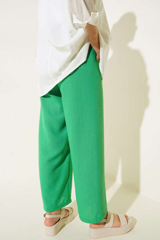 Pantalon Ample En Lin Taille Élastique Vert