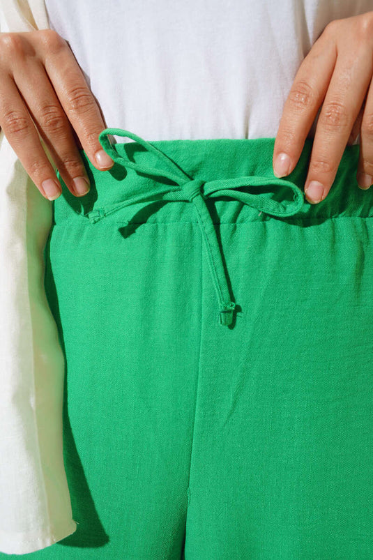 Pantalon Ample En Lin Taille Élastique Vert