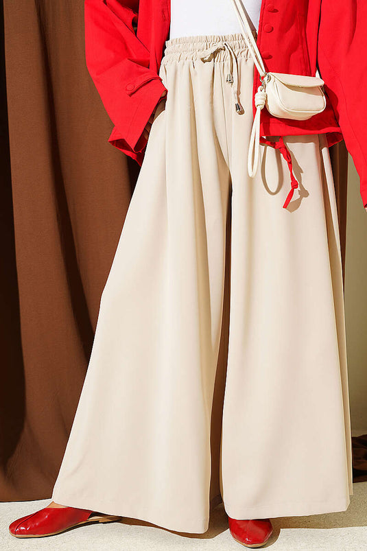 Pantalon Large Beige À Taille Élastiquée