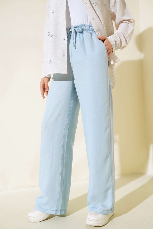 Pantalon Ample Taille Élastique Bleu Glace