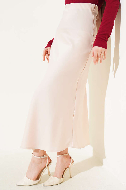 Elastic Waist Satin Skirt Beige