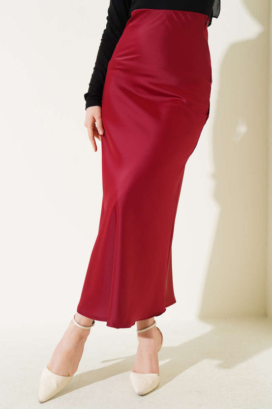 تنورة ساتان بخصر مطاطي لون عنابي