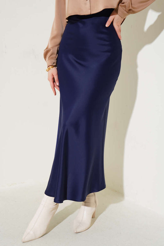 Rok van satijn met elastische tailleband, marineblauw