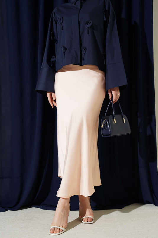 Jupe en satin à taille élastique poudre