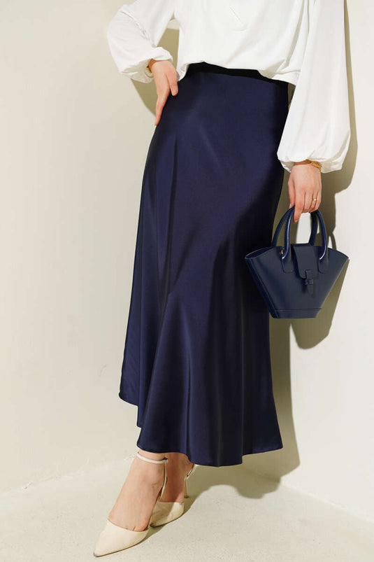 Bel Lastikli Saten Kloş Etek Lacivert