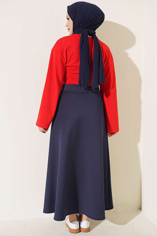 Bel Elasticated Scuba Flared Skirt Navy