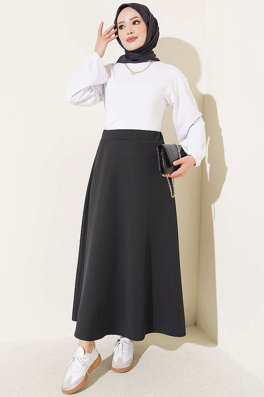 Black Elasticated Scuba Flared Skirt
