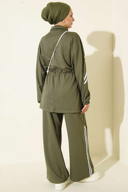 Ensemble Deux Pièces À Ceinture Et Rayures En Kaki