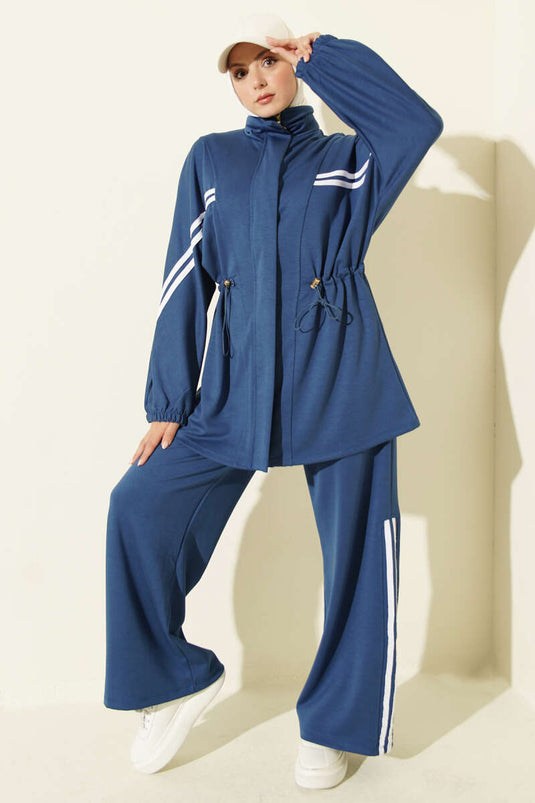 Ensemble Deux Pièces Indigo À Rayures Et Taille Élastique
