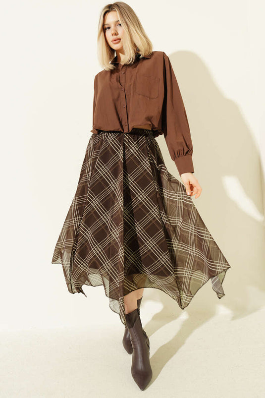 Chiffon Midi Skirt with Elastic Waistband Brown