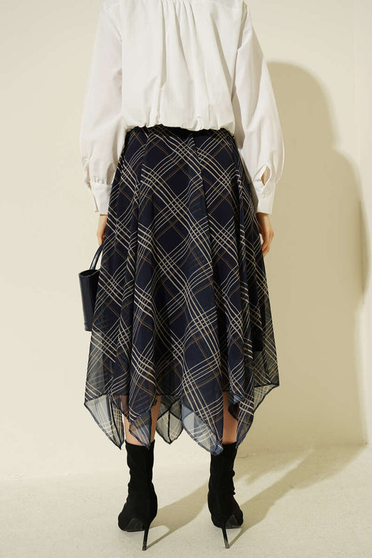 Bel Lastikli Şifon Midi Etek Lacivert